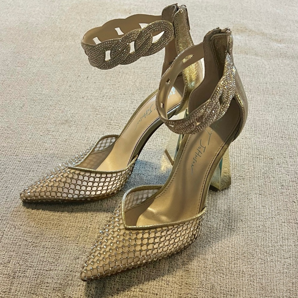 Betsey Johnson SB-JAD Gold Mesh Rhinestone Chain Ankle Strap Flared Heels 7.5M